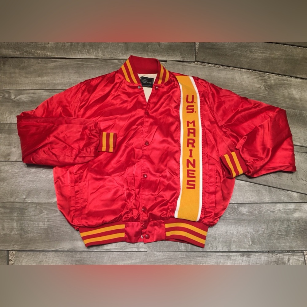 Vintage Artex US Marines Corp Red Satin Bomber Jacket Coat Large Made in USA